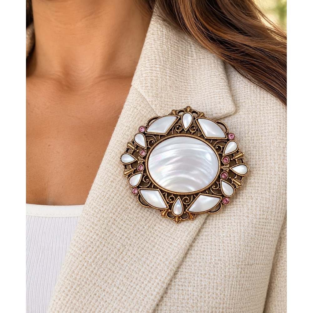 Vintage Style Mother of Pearl Pink Rhinestone Gold Tone Statement Brooch